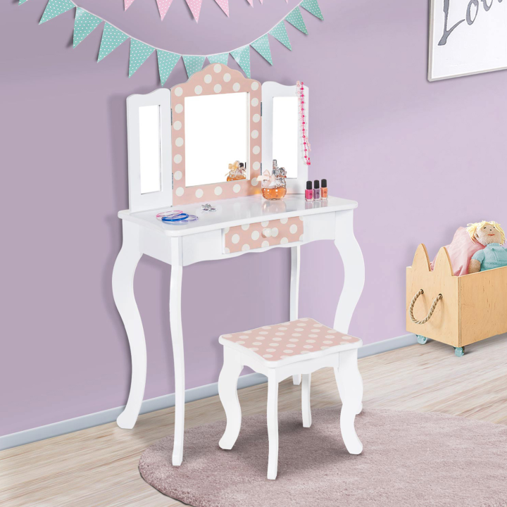 Coiffeuse enfant ROZA blanche et rose avec 3 miroirs et tabouret