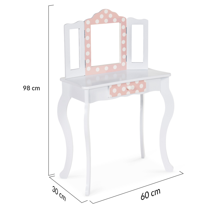 Coiffeuse enfant ROZA blanche et rose avec 3 miroirs et tabouret