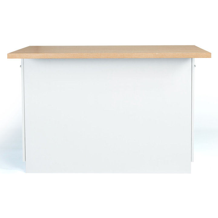 Ilot central IVO 120 cm blanc avec plan de travail façon hêtre