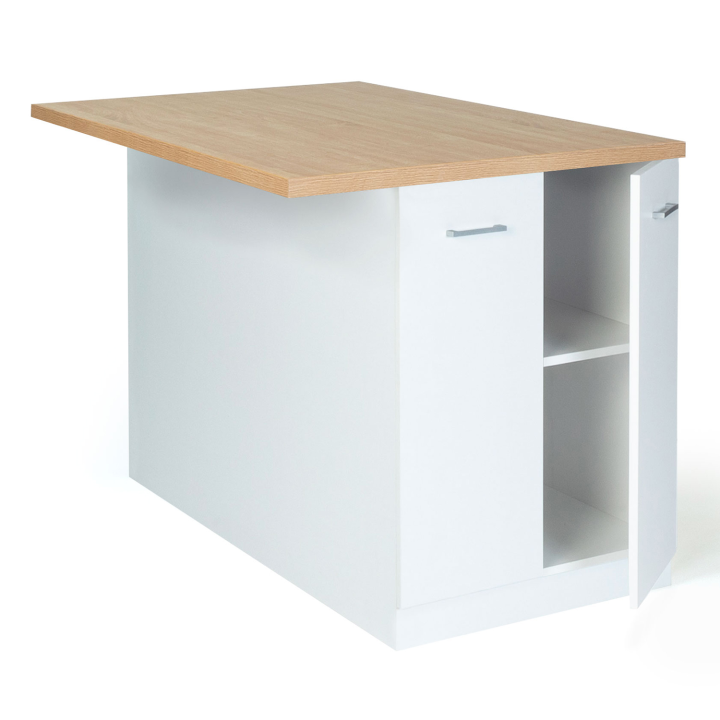 Ilot central IVO 120 cm blanc avec plan de travail façon hêtre