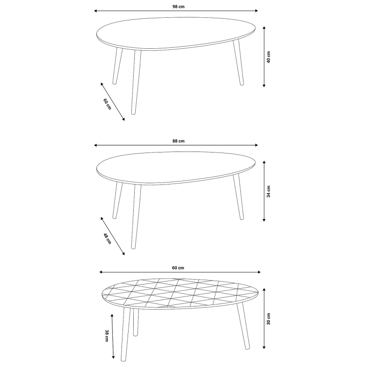 Lot de 3 tables basses gigognes laquées blanc / gris / motifs graphiques