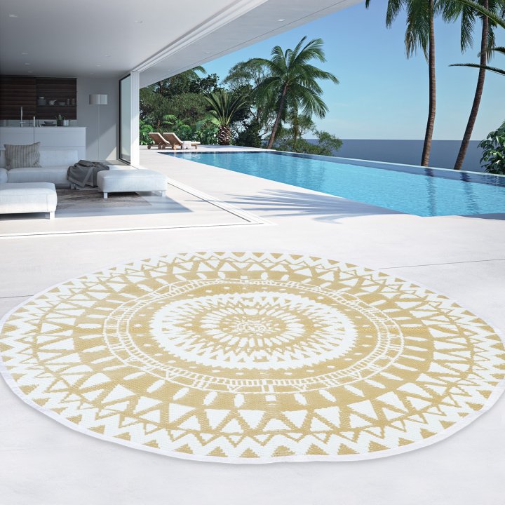 Alfombra redonda de exterior barata blanca y natural 150 cm | ID Market