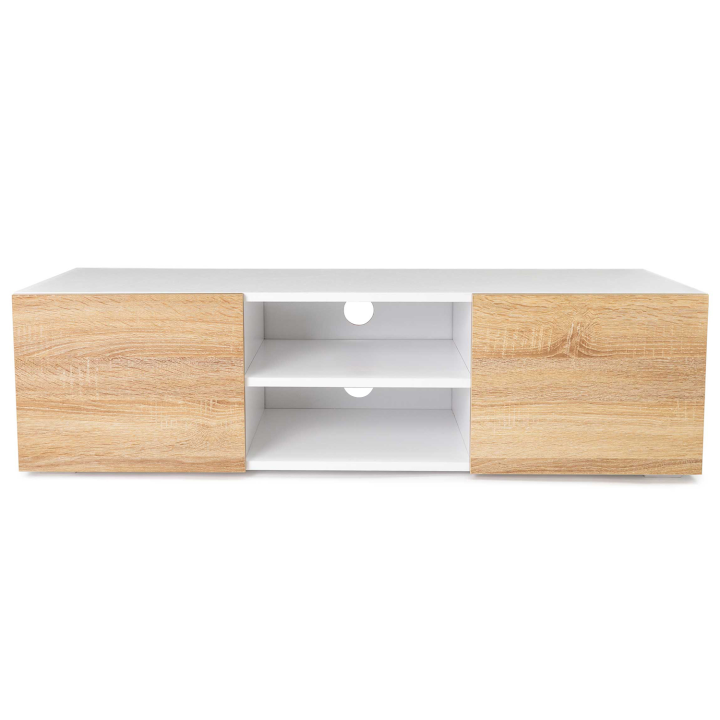 Meuble TV 113 cm ELI blanc portes façon hêtre