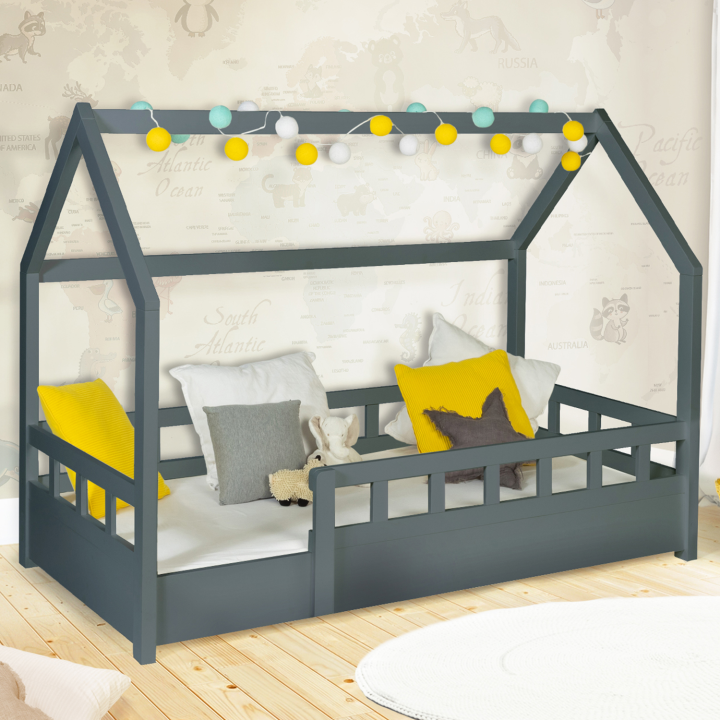 Lit cabane enfant 80 x 160 CM NEREE gris avec sommier et barrières