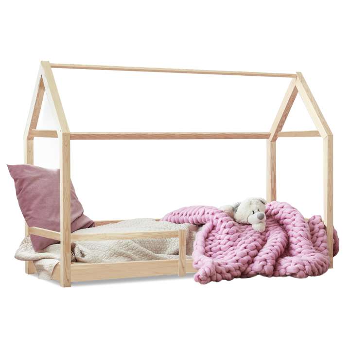 Lit cabane enfant 90 x 190 CM NESSI bois avec sommier et barrières