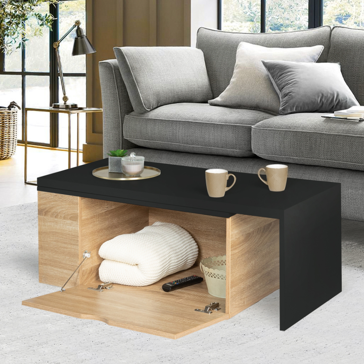 Table basse rotative bois et noir 360° LIZZI extensible avec coffre