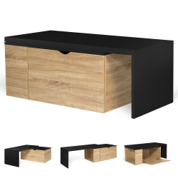 Table basse rotative bois et noir 360° LIZZI extensible avec coffre