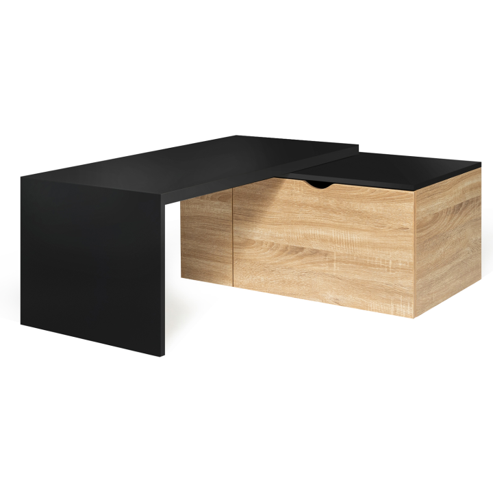 Table basse rotative bois et noir 360° LIZZI extensible avec coffre