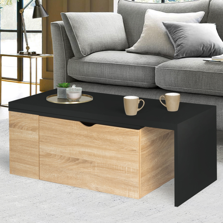 Table basse rotative bois et noir 360° LIZZI extensible avec coffre