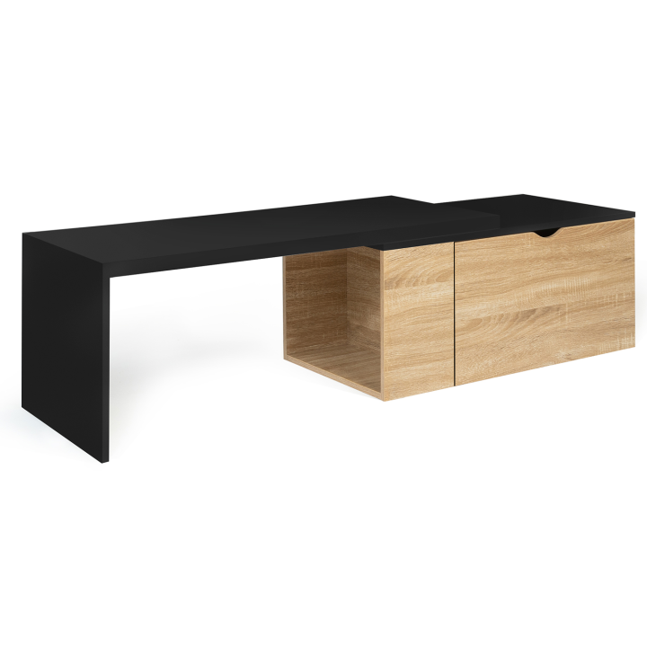 Table basse rotative bois et noir 360° LIZZI extensible avec coffre