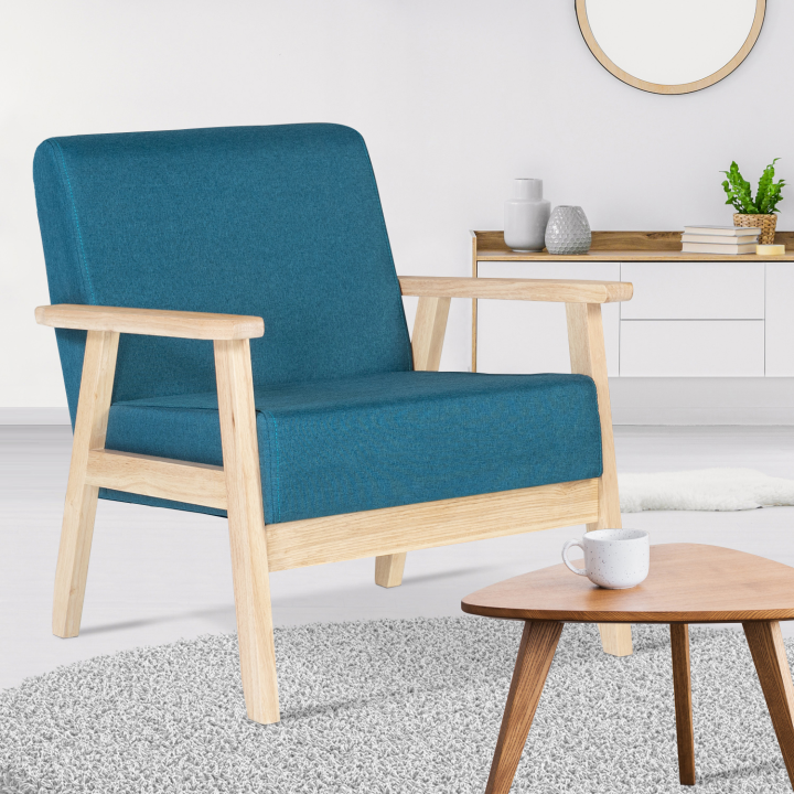 Fauteuil scandinave ANDERS en tissu bleu canard