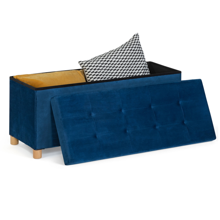 Banc coffre rangement sur pied 100 cm velours bleu