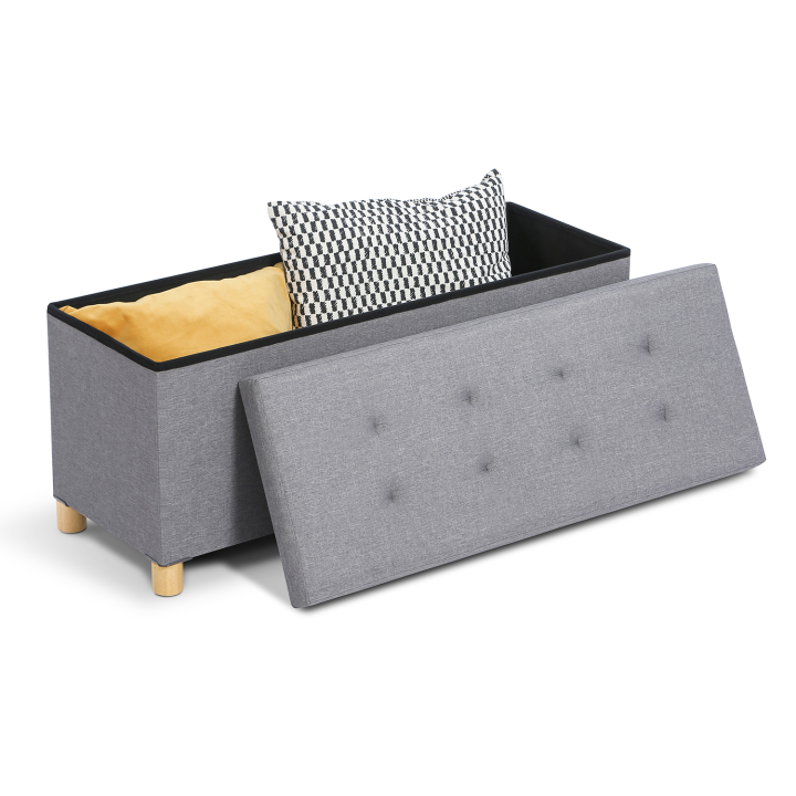 Banc coffre rangement sur pied 100 cm en tissu gris clair