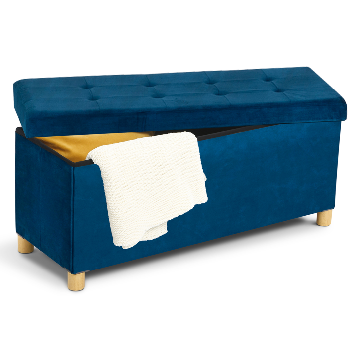 Banc coffre rangement sur pied 100 cm velours bleu