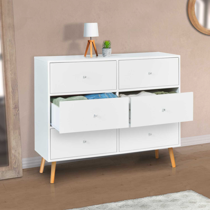 Commode 6 tiroirs EMMIE scandinave bois blanc