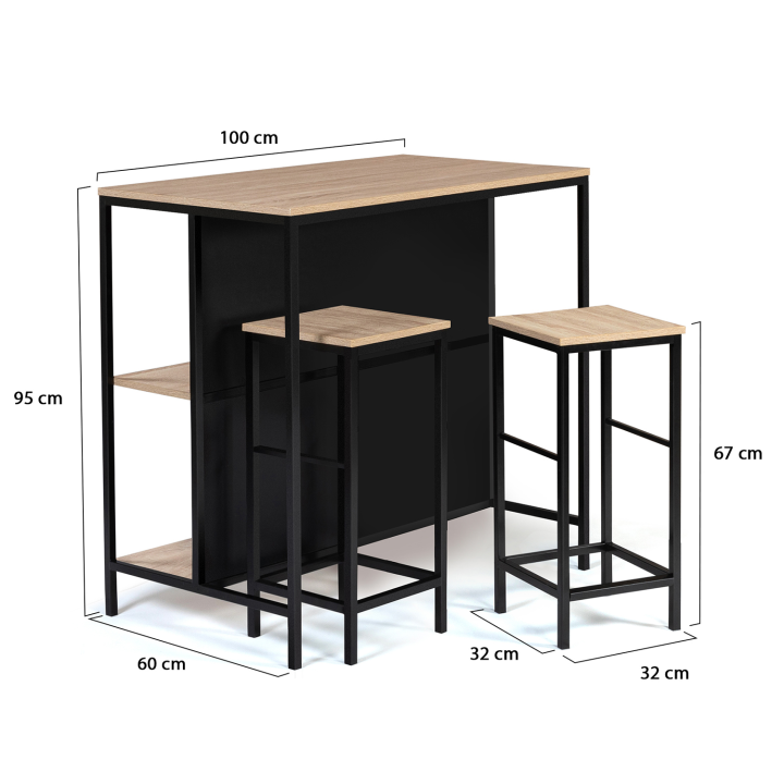 Ensemble table de bar îlot DETROIT et 2 tabourets design industriel