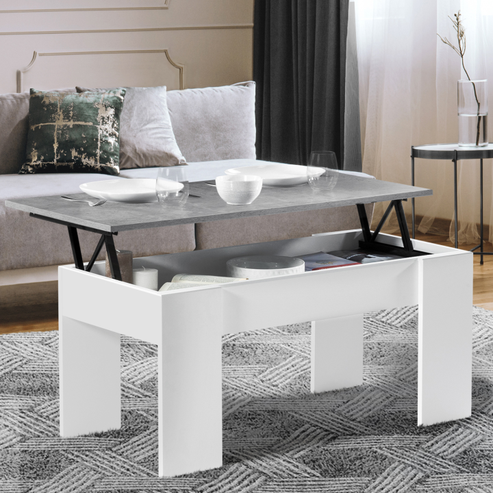 Table basse plateau relevable TARA bois blanc et effet béton