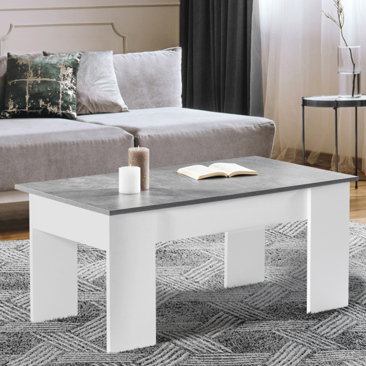 Table basse plateau relevable TARA bois blanc et effet béton