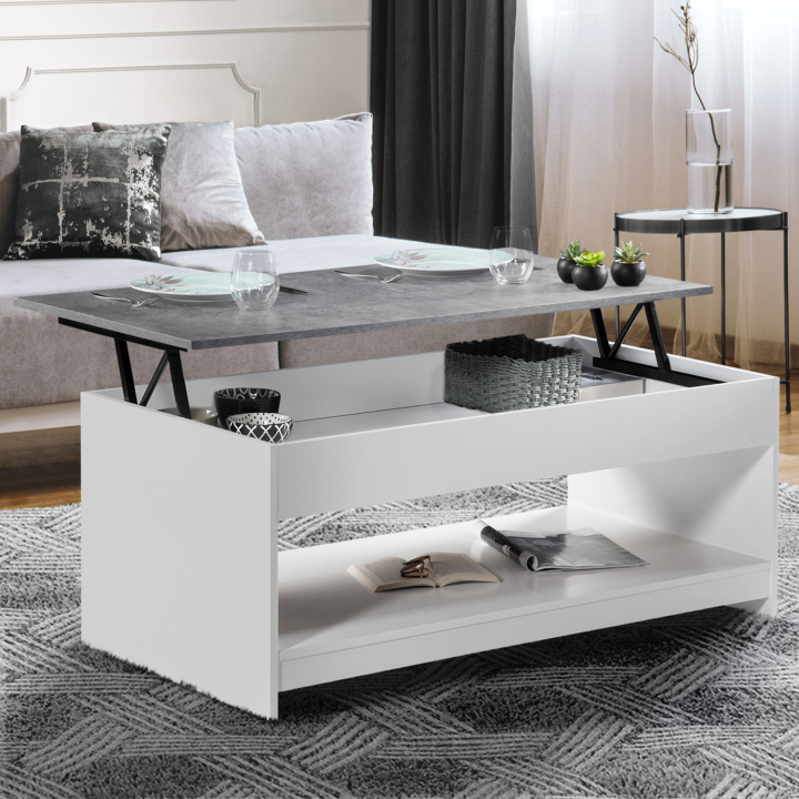 Table basse plateau relevable SOA bois blanc plateau effet béton