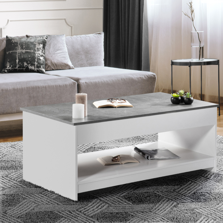 Table basse plateau relevable SOA bois blanc plateau effet béton