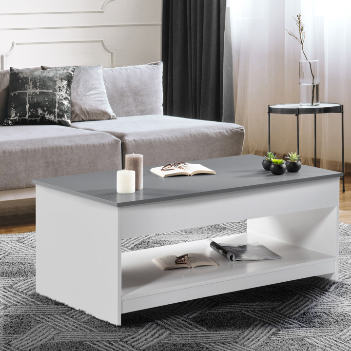 Table basse plateau relevable SOA blanche plateau gris