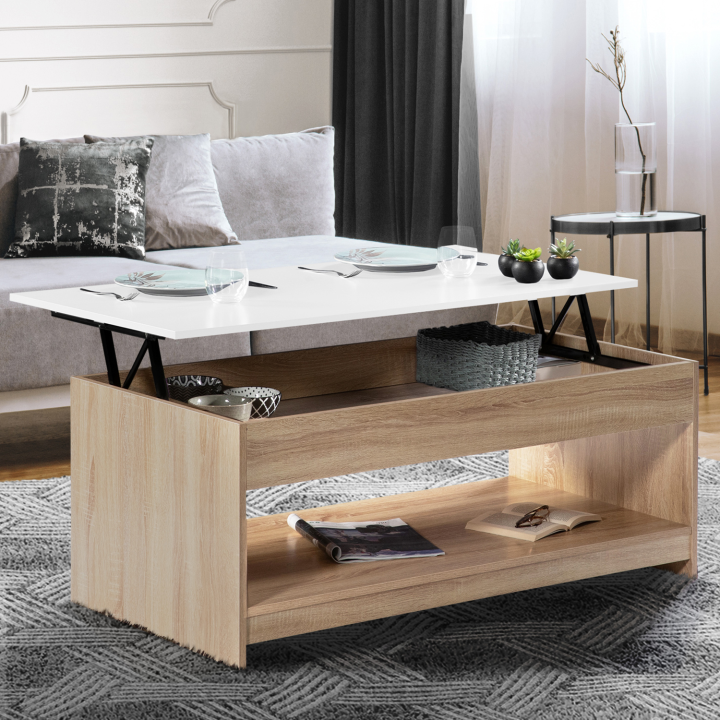 Mesa de centro con tablero elevable imitación haya, tablero blanco - Soa | ID Market