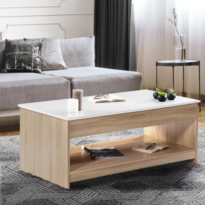 Mesa de centro con tablero elevable imitación haya, tablero blanco - Soa | ID Market