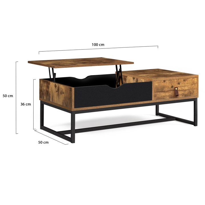 Table basse plateau relevable CHICAGO 1 tiroir design industriel