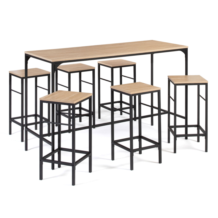 Ensemble table haute de bar DETROIT 150 cm et 6 tabourets design industriel