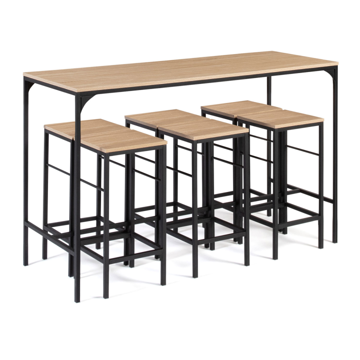 Ensemble table haute de bar DETROIT 150 cm et 6 tabourets design industriel