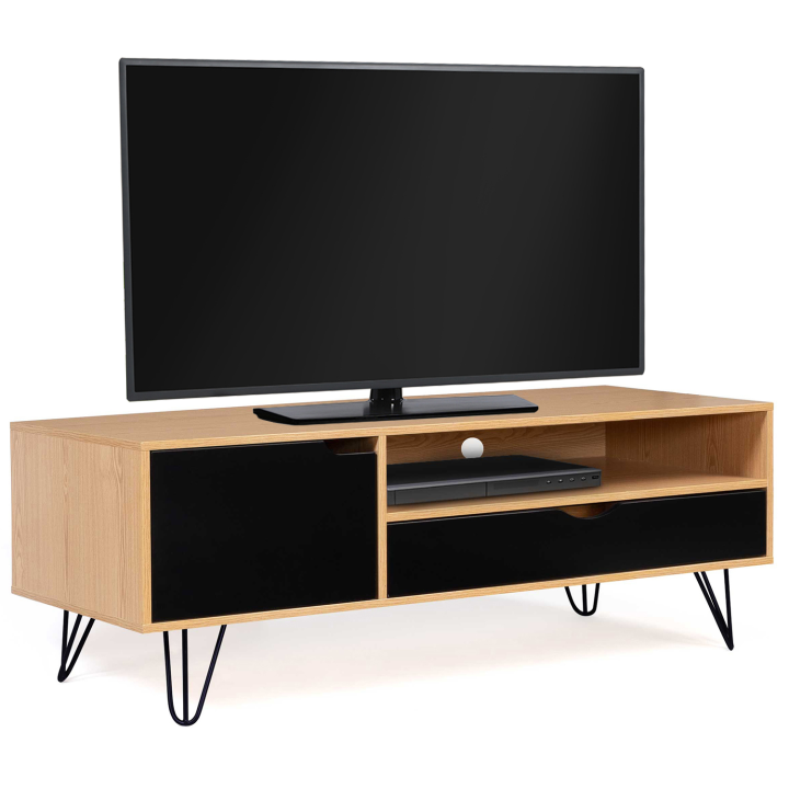 Meuble TV 113 cm vintage NOEMI 1 porte 1 tiroir bois pied épingle