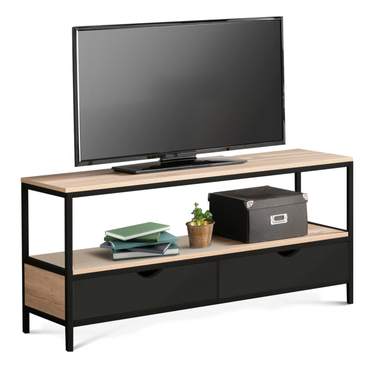 Meuble TV 113 cm 2 tiroirs noirs BOSTON design industriel