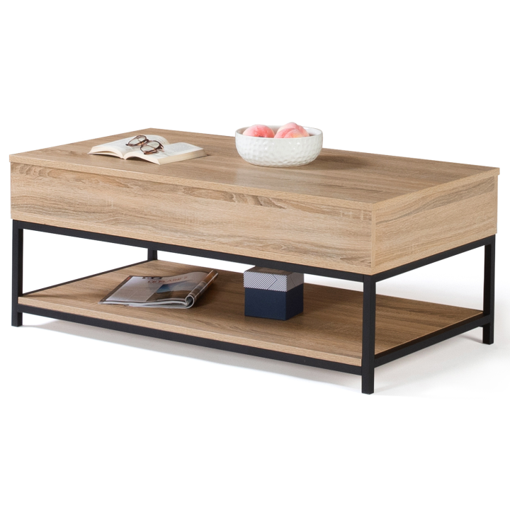 Table basse plateau relevable intégral DETROIT avec étagère inférieure design industriel