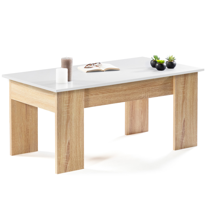 Table basse plateau relevable TARA bois blanc et imitation hêtre