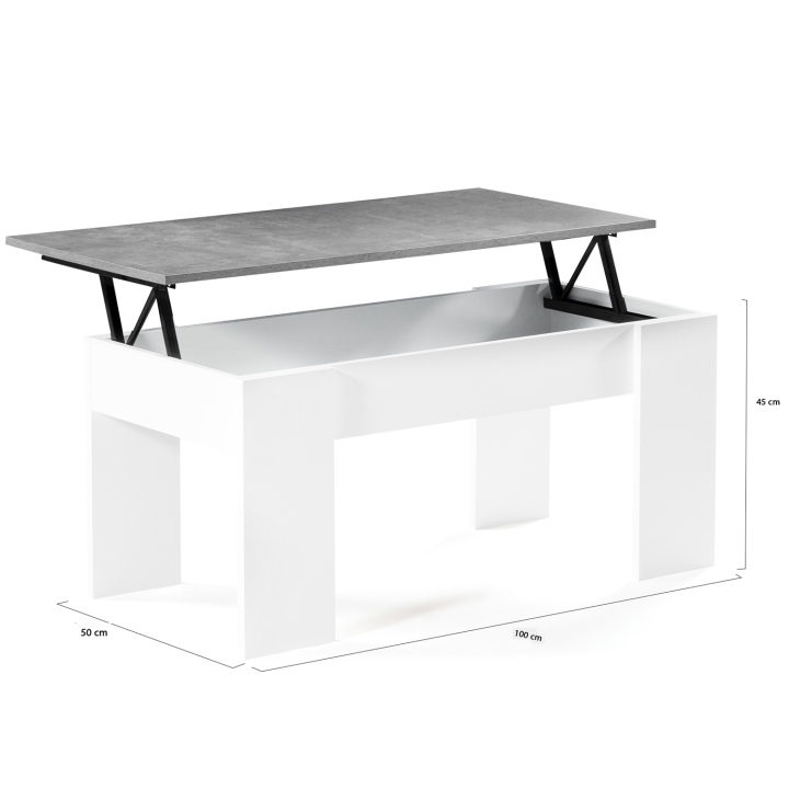 Table basse plateau relevable TARA bois blanc et effet béton