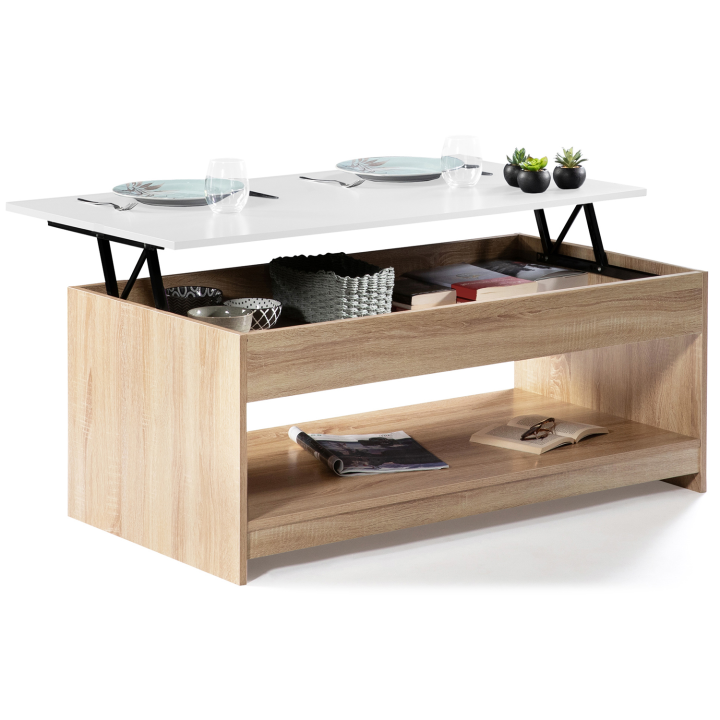 Table basse plateau relevable SOA bois blanc et imitation hêtre