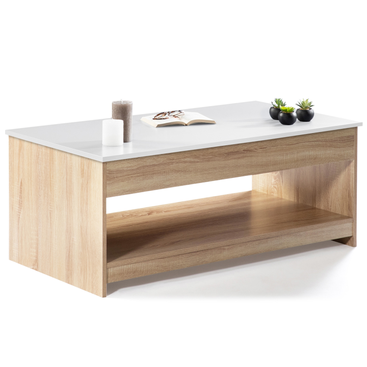 Mesa de centro con tablero elevable imitación haya, tablero blanco - Soa | ID Market