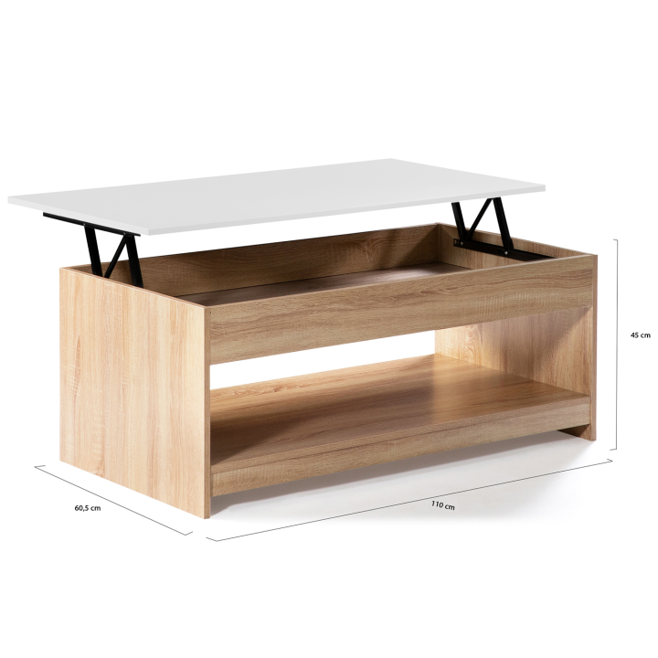 Table basse plateau relevable SOA bois blanc et imitation hêtre