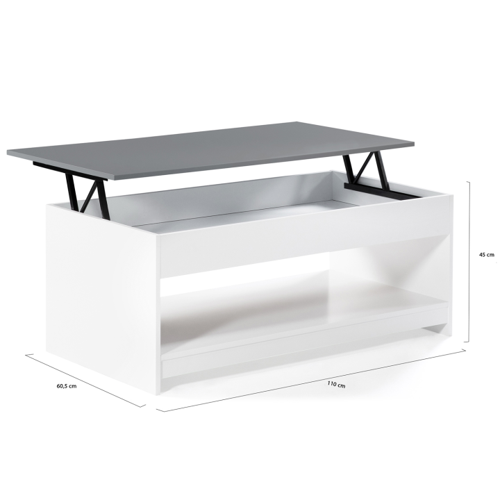 Table basse plateau relevable SOA blanche plateau gris