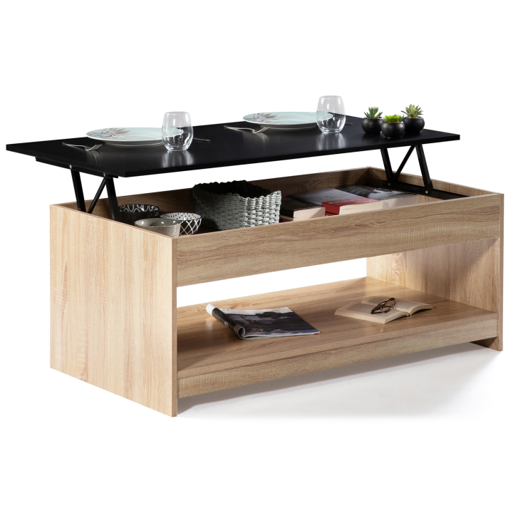 Table basse plateau relevable SOA bois imitation hêtre plateau noir