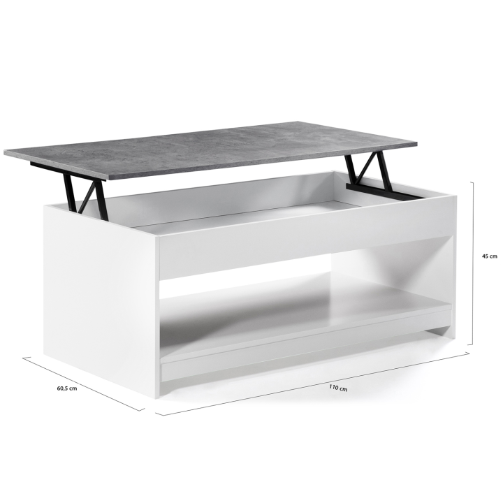 Table basse plateau relevable SOA bois blanc plateau effet béton