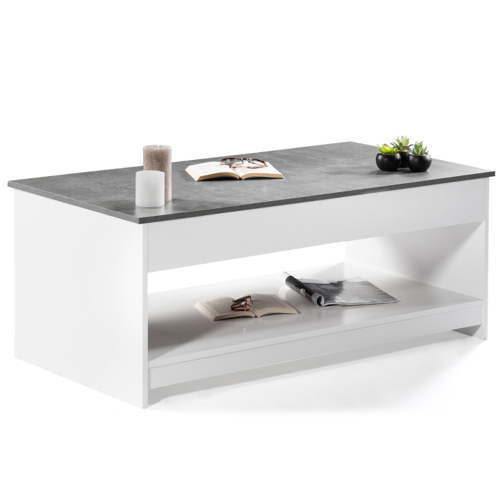 Table basse plateau relevable SOA bois blanc plateau effet béton