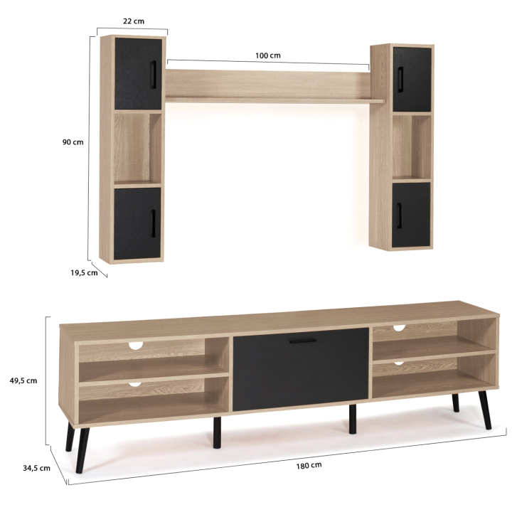 Ensemble meuble TV 180 cm et étagères HOUSTON bois et noir