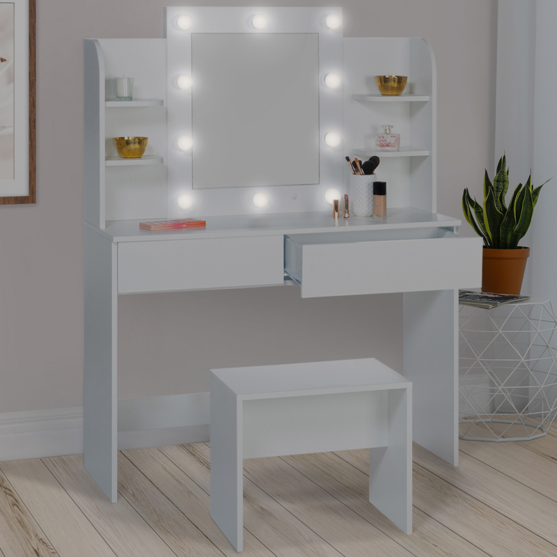 Table de coiffeuse maquillage blanc avec miroir éclairage LED tiroirs  étagères
