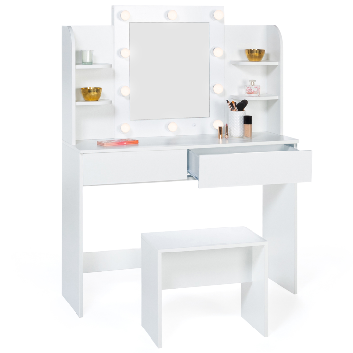 Coiffeuse moderne ZELIA blanche double étagères, miroir LED et tabouret