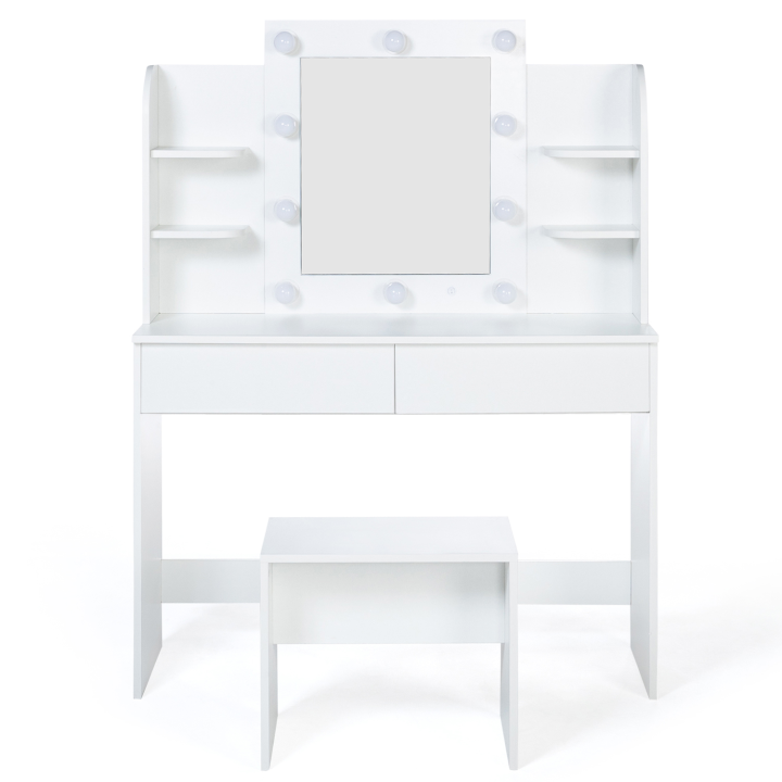 Coiffeuse moderne ZELIA blanche double étagères, miroir LED et tabouret