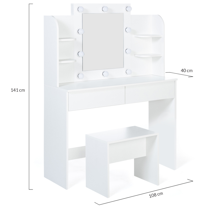 Coiffeuse moderne ZELIA blanche double étagères, miroir LED et tabouret