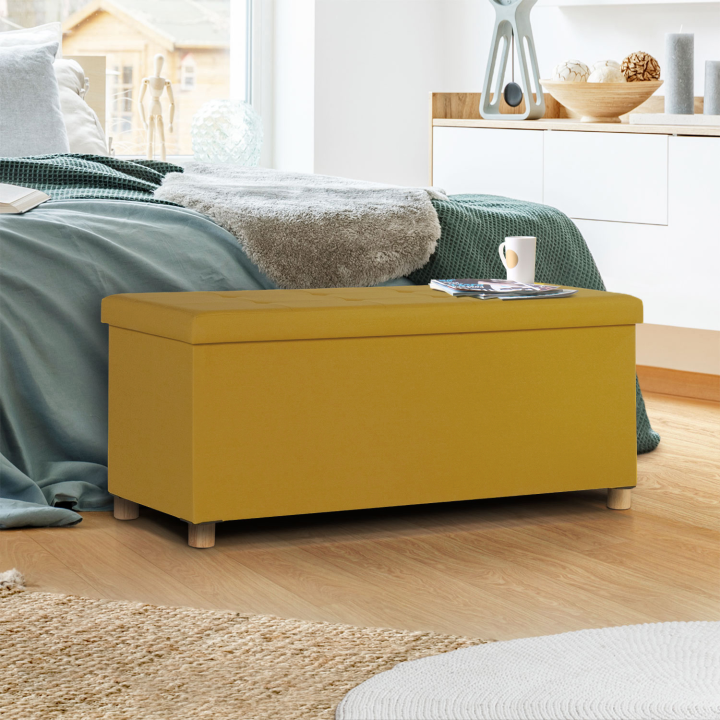 Banc coffre rangement sur pied 100 cm tissu jaune moutarde