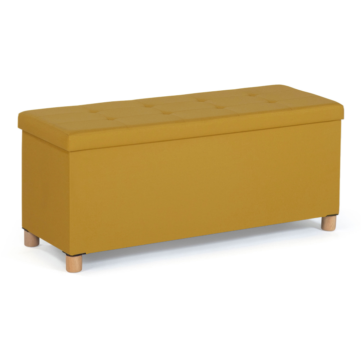 Banc coffre rangement sur pied 100 cm tissu jaune moutarde