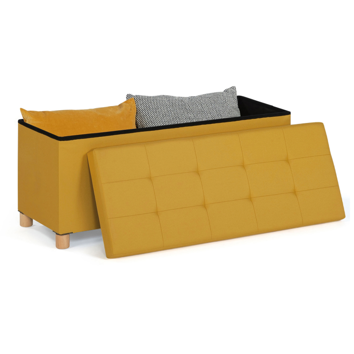 Banc coffre rangement sur pied 100 cm tissu jaune moutarde